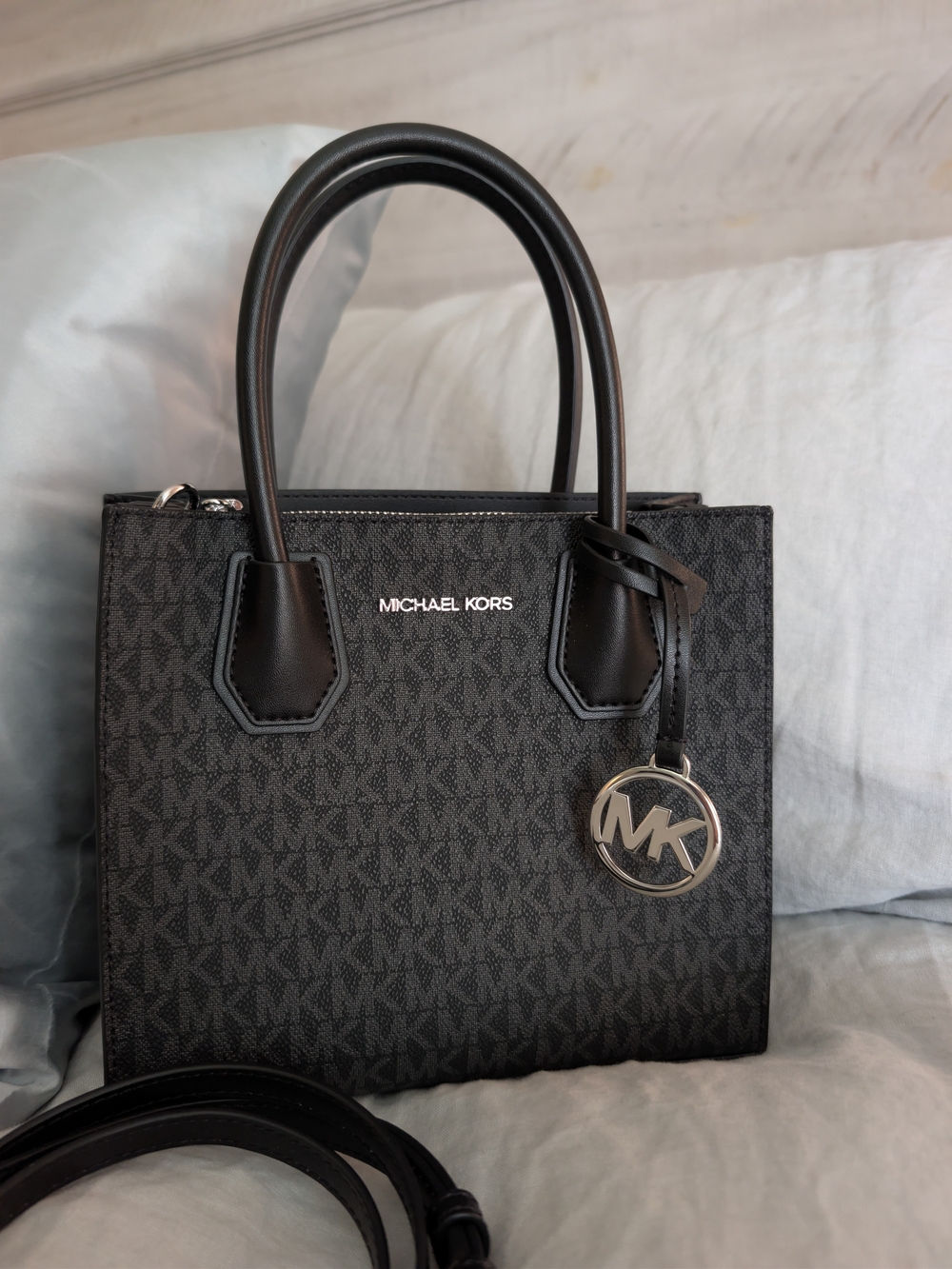 Michael Kors Mercer Small Logo & Leather Crossbody Tote Bag Black Silver NWOT